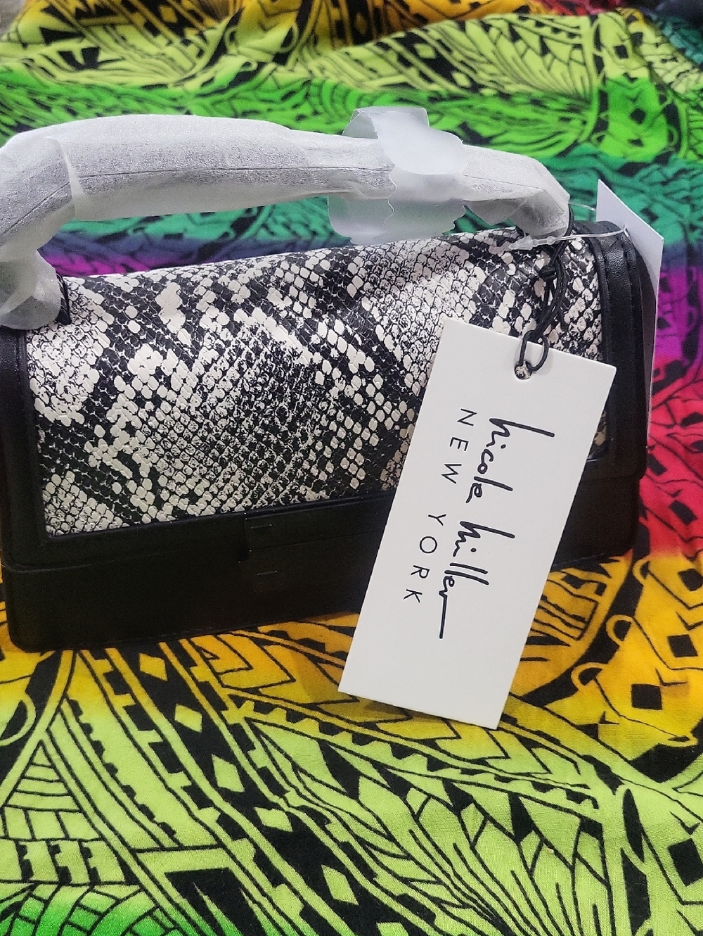 Nicole Miller Black and White Snake-Print Top Handle Bag